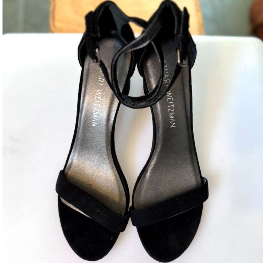 Stuart Weitzman Nearly Nude Black Suede Leather City Sandal 3.25" Heels Size 8.5